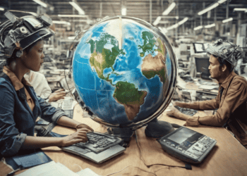 Two people wearing futuristic helmets work at computers with a large globe between them, illustrating the impact of technology on global trade. - Supply Chain News