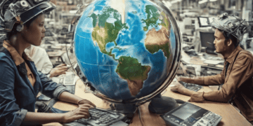 Two people wearing futuristic helmets work at computers with a large globe between them, illustrating the impact of technology on global trade. - Supply Chain News