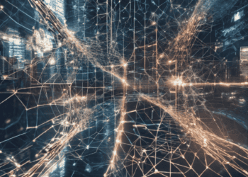 An image of a city with a network of lights, wires, and blockchain technology incorporated.