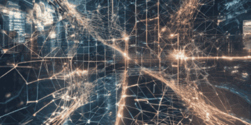 An image of a city with a network of lights, wires, and blockchain technology incorporated.