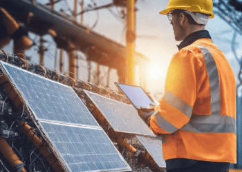 Engineer inspecting solar panels with a tablet, showcasing AI's role in electric utility procurement. - Supply Chain News