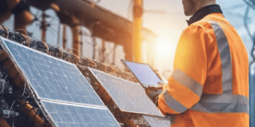 Engineer inspecting solar panels with a tablet, showcasing AI's role in electric utility procurement. - Supply Chain News