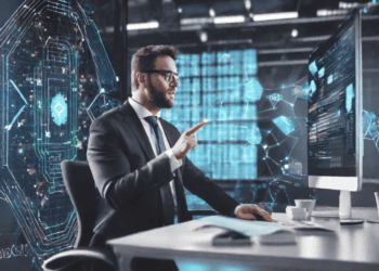 Businessman interacts with AI-powered decentralized finance (DeFi) interface on computer screen. - Supply Chain News