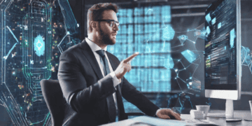 Businessman interacts with AI-powered decentralized finance (DeFi) interface on computer screen. - Supply Chain News