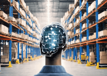A man in a warehouse wearing an AI robot head on his head, utilizing predictive analytics to enhance modern supply chains.