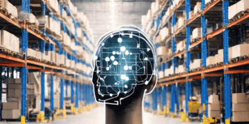 A man in a warehouse wearing an AI robot head on his head, utilizing predictive analytics to enhance modern supply chains.