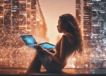 Woman using laptop showcasing AI and blockchain synergy, futuristic city backdrop. - Supply Chain News