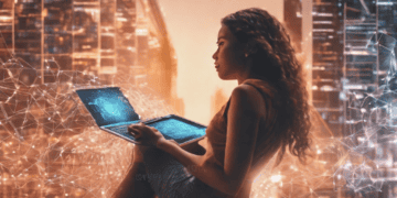 Woman using laptop showcasing AI and blockchain synergy, futuristic city backdrop. - Supply Chain News