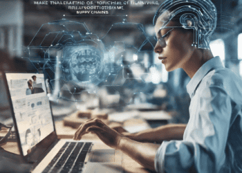 Woman using laptop, AI-powered supply chain optimization visualized - Supply Chain News