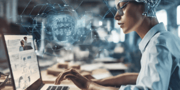 Woman using laptop, AI-powered supply chain optimization visualized - Supply Chain News