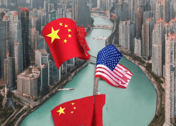 US and Chinese flags over Hong Kong skyline; new executive order impacts tech investments in China. - Supply Chain News