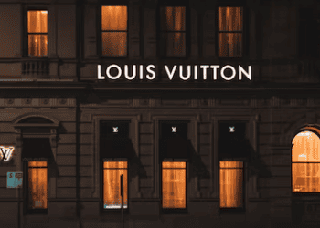 The renovated Louis Vuitton store reopens at night, beautifully lit up.