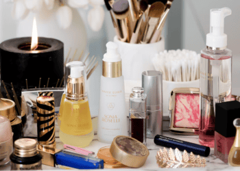 Luxury beauty gifts are arranged on a table during the holiday season.
