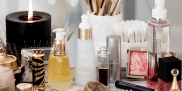 Luxury beauty gifts are arranged on a table during the holiday season.