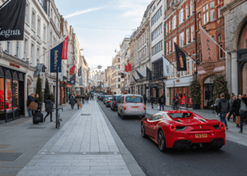 A red Ferrari car on Bond Street, London.