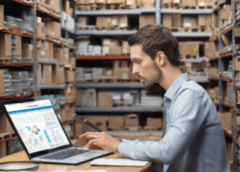 Man reviewing data warehouse analytics on laptop in warehouse. - Supply Chain News