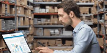 Man reviewing data warehouse analytics on laptop in warehouse. - Supply Chain News