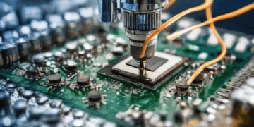 A person is working on a circuit board in a semiconductor production facility.