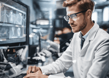 A man in a lab coat working on an advanced technologies computer, deeply focused on understanding the potential impact.