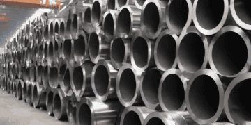 Many steel pipes stacked up in a factory as a result of the U.S. Steel and Aluminum Tariffs impacting global trade.