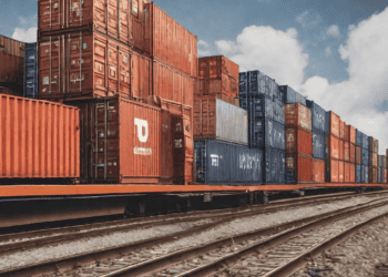 An evolving intermodal transportation system featuring a train with containers for expansions.