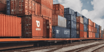An evolving intermodal transportation system featuring a train with containers for expansions.
