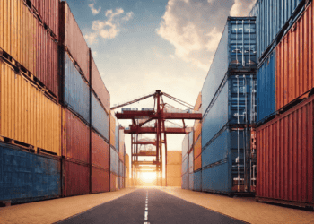 A road full of shipping containers at sunset, showcasing efficient logistics operations.