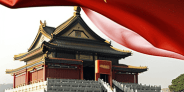 A Chinese flag is flying in front of a building in China.
