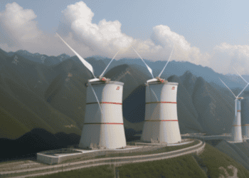 Three renewable energy wind turbines on top of a mountain in China.
