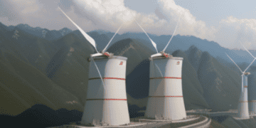 Three renewable energy wind turbines on top of a mountain in China.