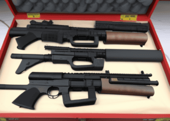 A collection of Chinese firearms displayed in a case.