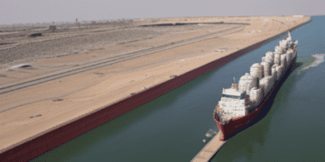 A large ship resumes normal operations after a tanker collision in the Suez Canal.