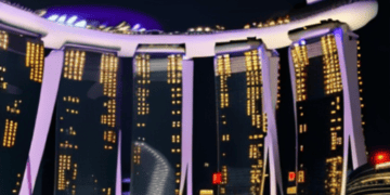 The mesmerizing Marina Bay Sands hotel illuminates the Singapore skyline at night, captivating passersby with its iconic architectural brilliance.