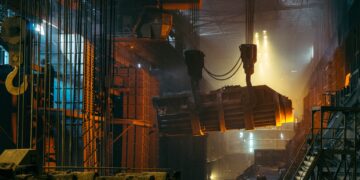 Molten metal being transported in a steel mill. High-temperature industrial process. - Supply Chain News