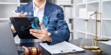 A man in a suit is using a tablet while holding a judge's hand, as part of a resident's sentence in Fort Collins.
