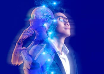 A futuristic AI robot and a man merge, symbolizing artificial intelligence in agriculture. - Supply Chain News