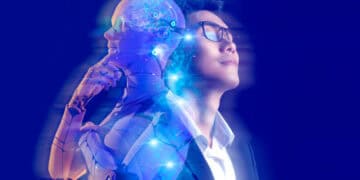 A futuristic AI robot and a man merge, symbolizing artificial intelligence in agriculture. - Supply Chain News