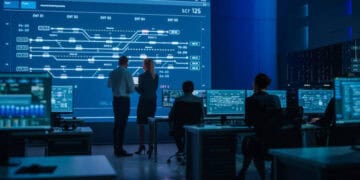 Control room with multiple computer screens displaying complex data flow charts related to US chip export controls impacting China. - Supply Chain News