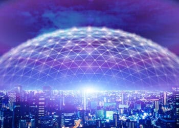 A visually captivating image of a futuristic city with a dome in the sky incorporating a new approach to urban development.