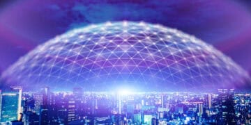 A visually captivating image of a futuristic city with a dome in the sky incorporating a new approach to urban development.