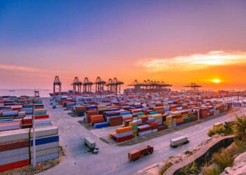 A view of a container port at sunset, showcasing the bustling trade between China and the rest of the world through imports and export growth.
