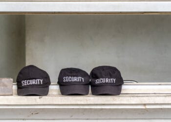 Three security hats sitting on a window sill in a surveillance office.