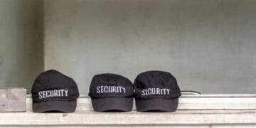 Three security hats sitting on a window sill in a surveillance office.