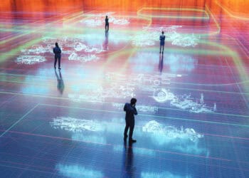 A group of people standing in front of a computer screen discussing trade relations dynamics with Russia.