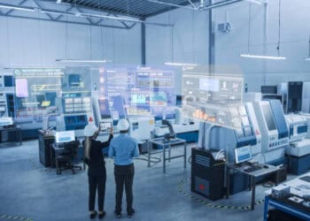 Two people in Vietnam looking at machines in a factory during ASEAN meetings.