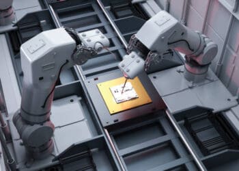 Two robotic arms precisely position a microchip during advanced additive manufacturing. Nikon's investment in hybrid manufacturing technology. - Supply Chain News