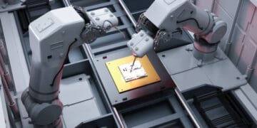 Two robotic arms precisely position a microchip during advanced additive manufacturing. Nikon's investment in hybrid manufacturing technology. - Supply Chain News