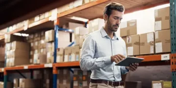 A man using a tablet to revolutionize supplier management in a warehouse.