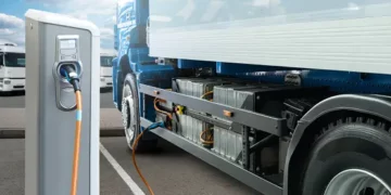 Electric delivery truck charging at a charging station. Sustainable logistics. - Supply Chain News