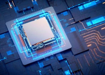 An image of a Dutch-made semiconductor machine on a circuit board.